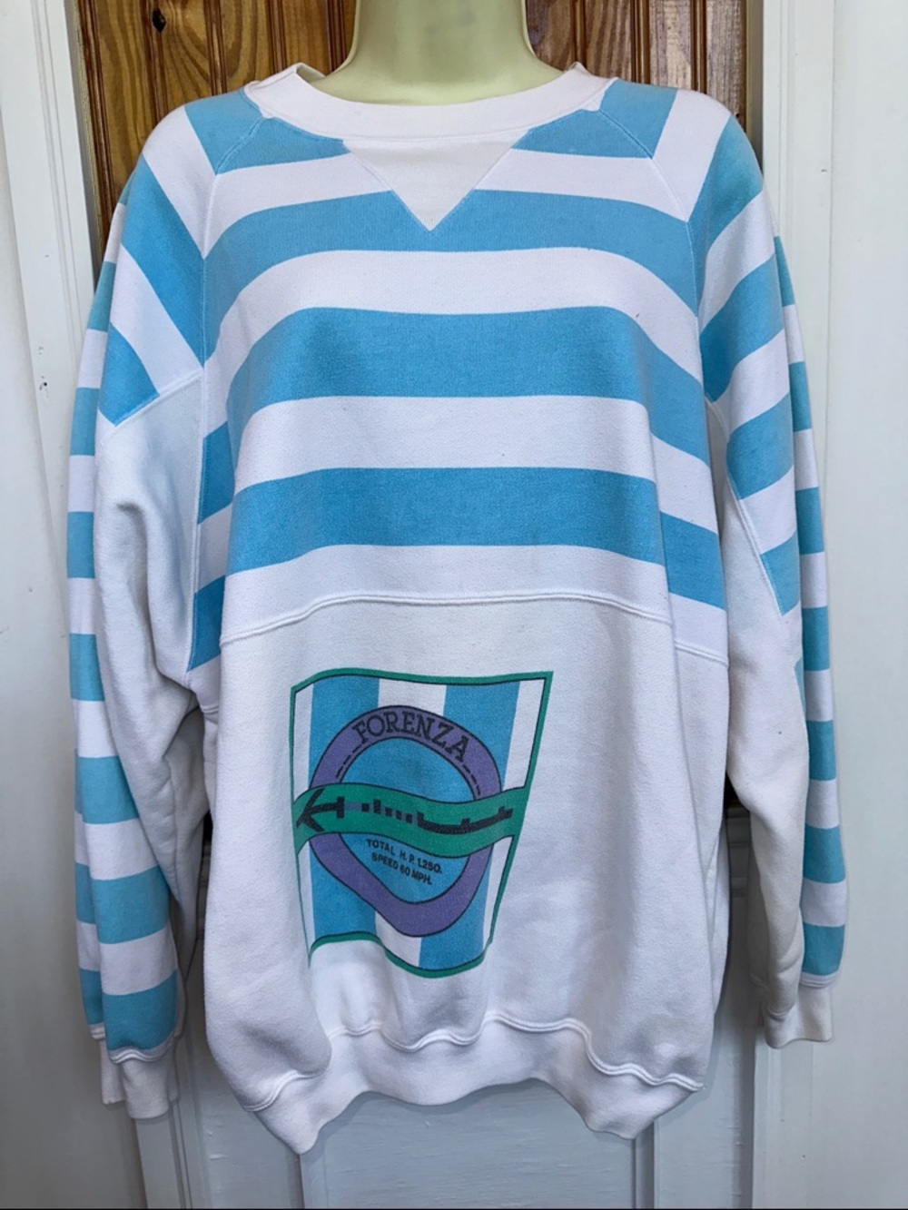 Vintage 80s/90s Forenza White & Light Blue Striped Crewneck Sweatshirt